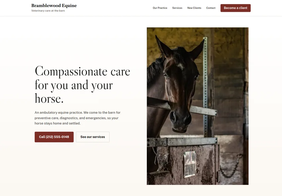 Bramblewood Equine website design with a serif headline beside a photo of a horse looking over a stable door.