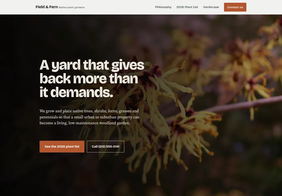 Field & Fern website design with a bold headline over a dark photo of witch hazel in bloom.