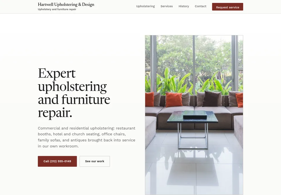 Hartwell Upholstering & Design website design with an editorial serif headline beside a photo of upholstered sectional seating.