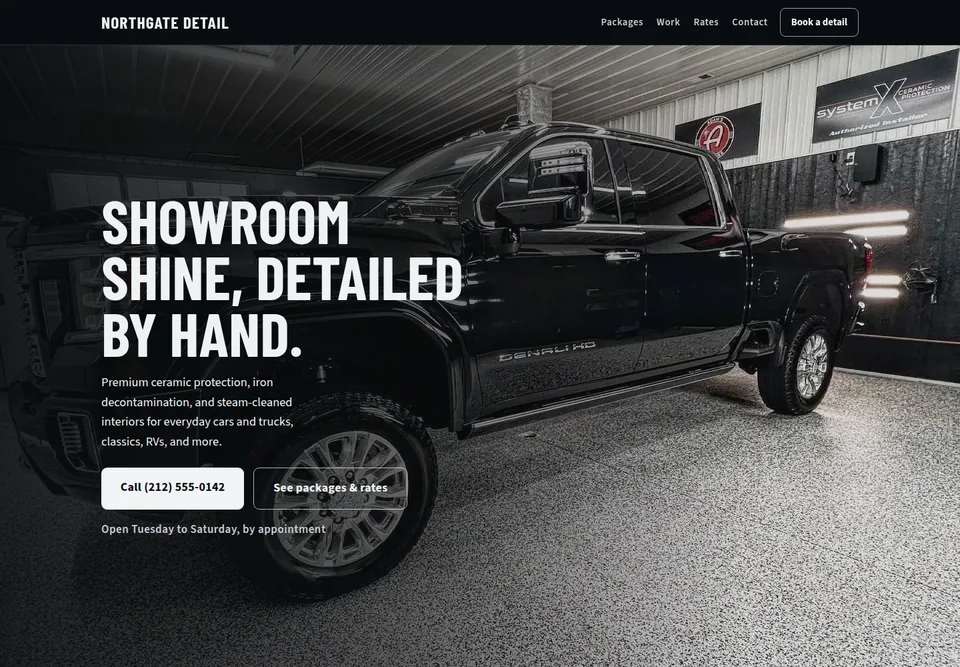 Northgate Detail website design with tall condensed capitals over a photo of a freshly detailed black pickup truck.